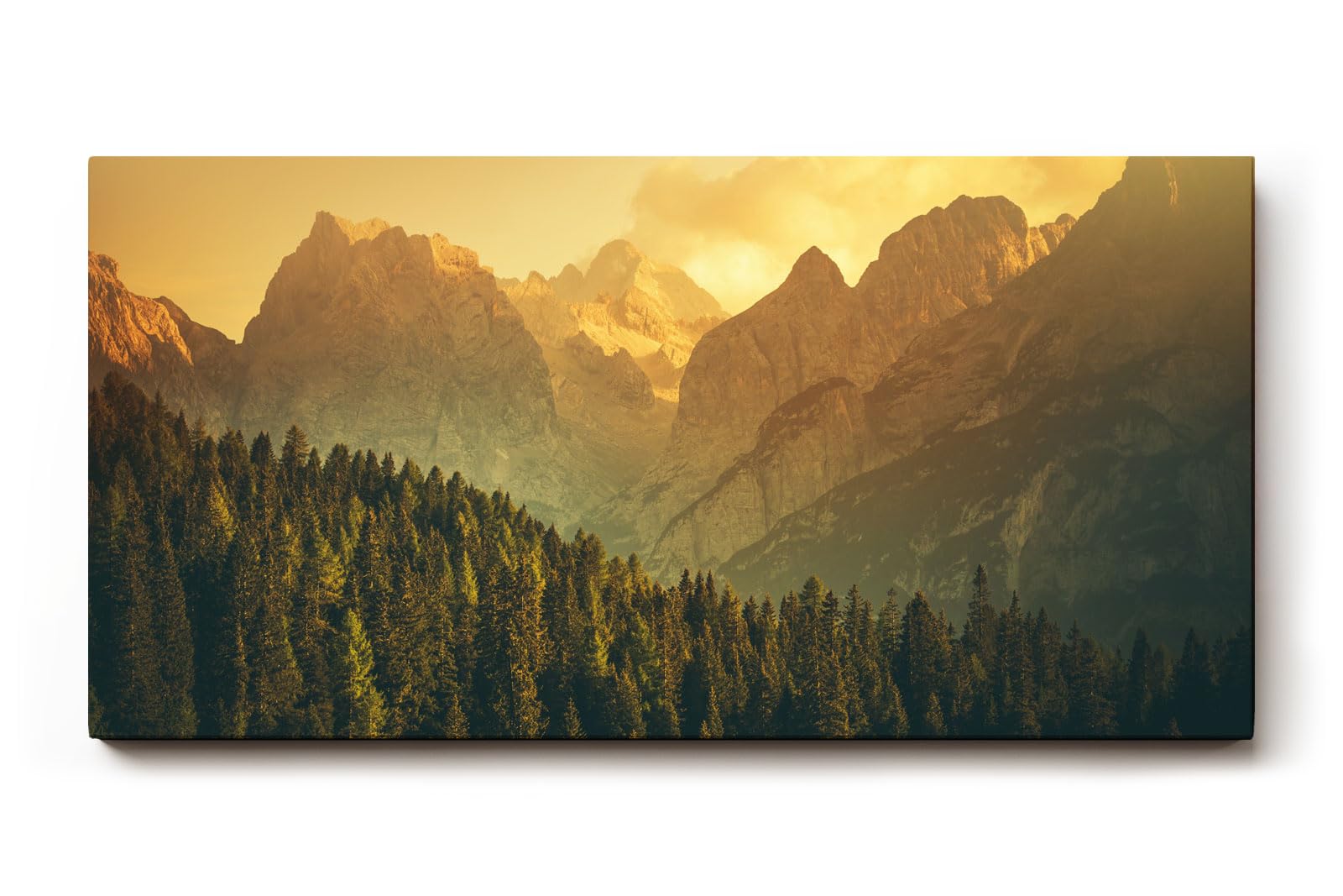 Sinus Art Wandbild 120x80cm Goldenes Abendlicht taucht die Berge und Wälder in sanfte, beruhigende Töne