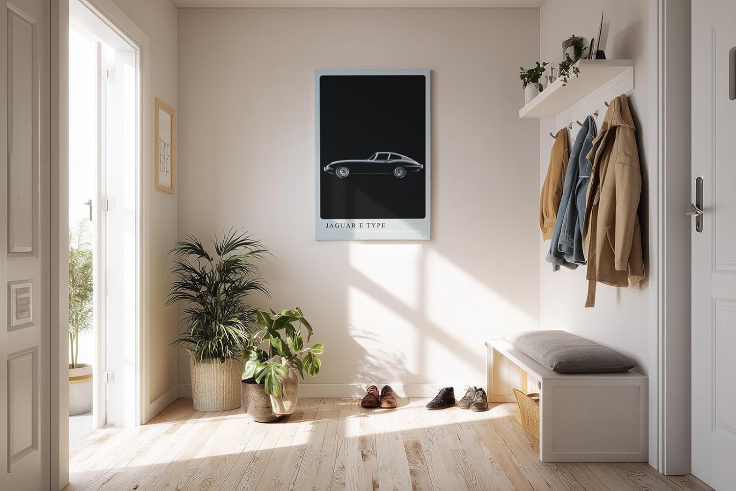 Paul Sinus Kunstdruck 40x60cm Jaguar E Type – Klassischer Sportwagen in Schwarz-Weiß auf tiefschwarzem Hintergrund in Seitenansicht
