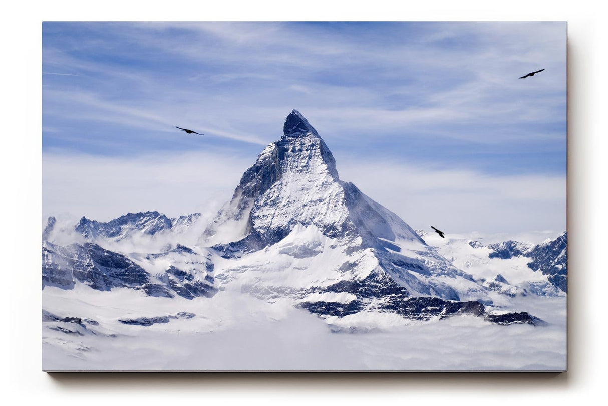 Sinus Art Wandbild 120x80cm Imposantes Matterhorn umgeben von Gletschern und schwebenden Vögeln