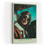 Paul Sinus Wandbild in 40x60cm Come Fly With Me Retro Pilot Woman in Aviator Jacket and Goggles in Sunlit Cockpit