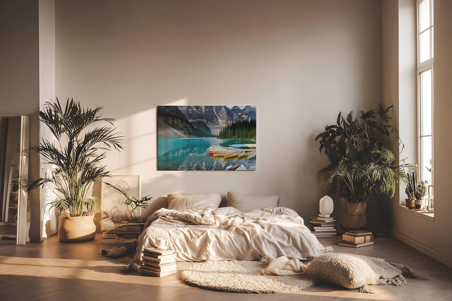 Sinus Art Wandbild 120x80cm Bergsee mit Kanus vor atemberaubender Bergkulisse für inspirierende Raumwirkung