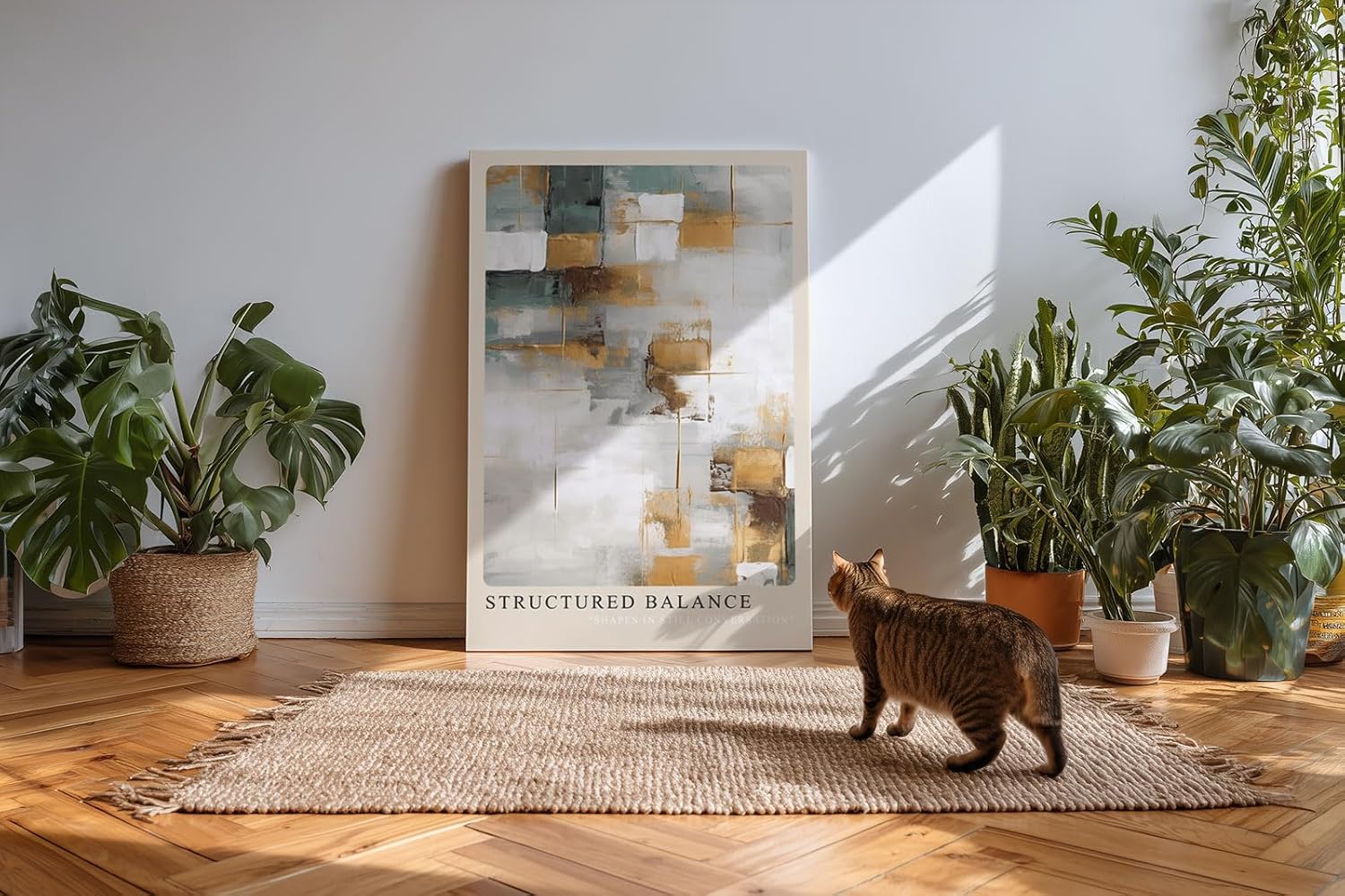 Paul Sinus Kunstdruck 40x60cm Structured Balance – Abstrakte Flächenkomposition in Gold, Weiß und Grün mit harmonischer Struktur