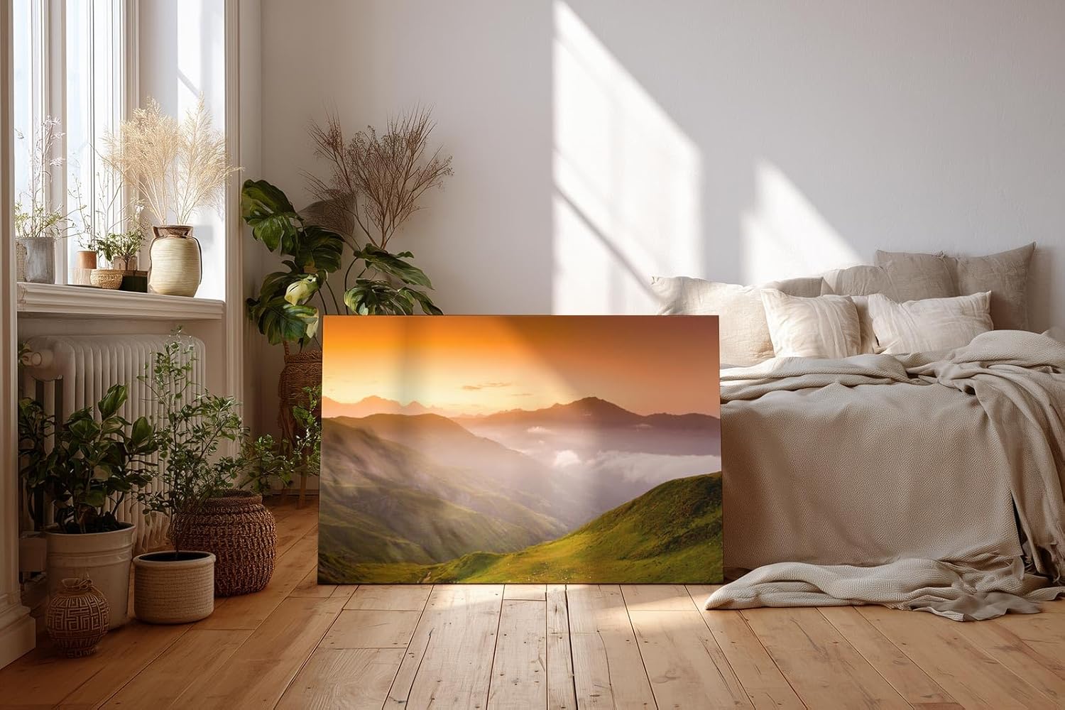 Sinus Art Wandbild 120x80cm Sanfte Hügellandschaft mit Lichtstimmung und Weitblick auf Bergketten