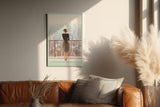 Paul Sinus Wandbild in 40x60cm Sunlight in Manhattan – Frau auf Balkon mit Blick auf Empire State Building, sonnendurchflutetes Stadtmotiv