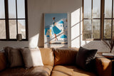 Paul Sinus Wandbild in 40x60cm A Walk in Santorini – Frau im blauen Kleid vor weißen Häusern und blauen Kuppeln, mediterrane Idylle