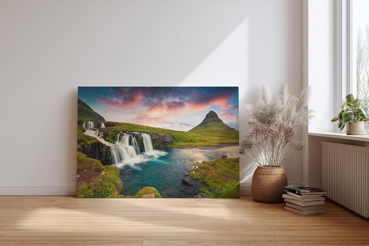 Sinus Art Wandbild 120x80cm Spektakuläres Zusammenspiel von Wasserfall, Berg und Himmel in Island