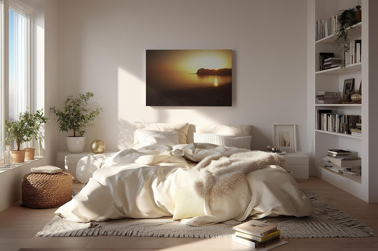Sinus Art Wandbild 120x80cm Ruhiger Küstenstreifen im goldenen Abendlicht – meditativ, weit und beruhigend