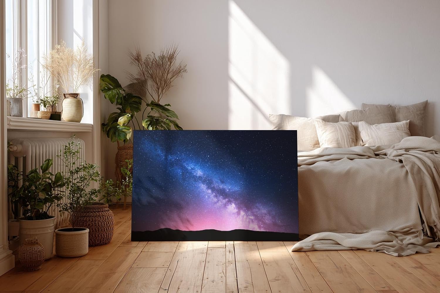 Sinus Art Wandbild 120x80cm Die Milchstraße spannt sich in leuchtenden Farben über eine dunkle Landschaft
