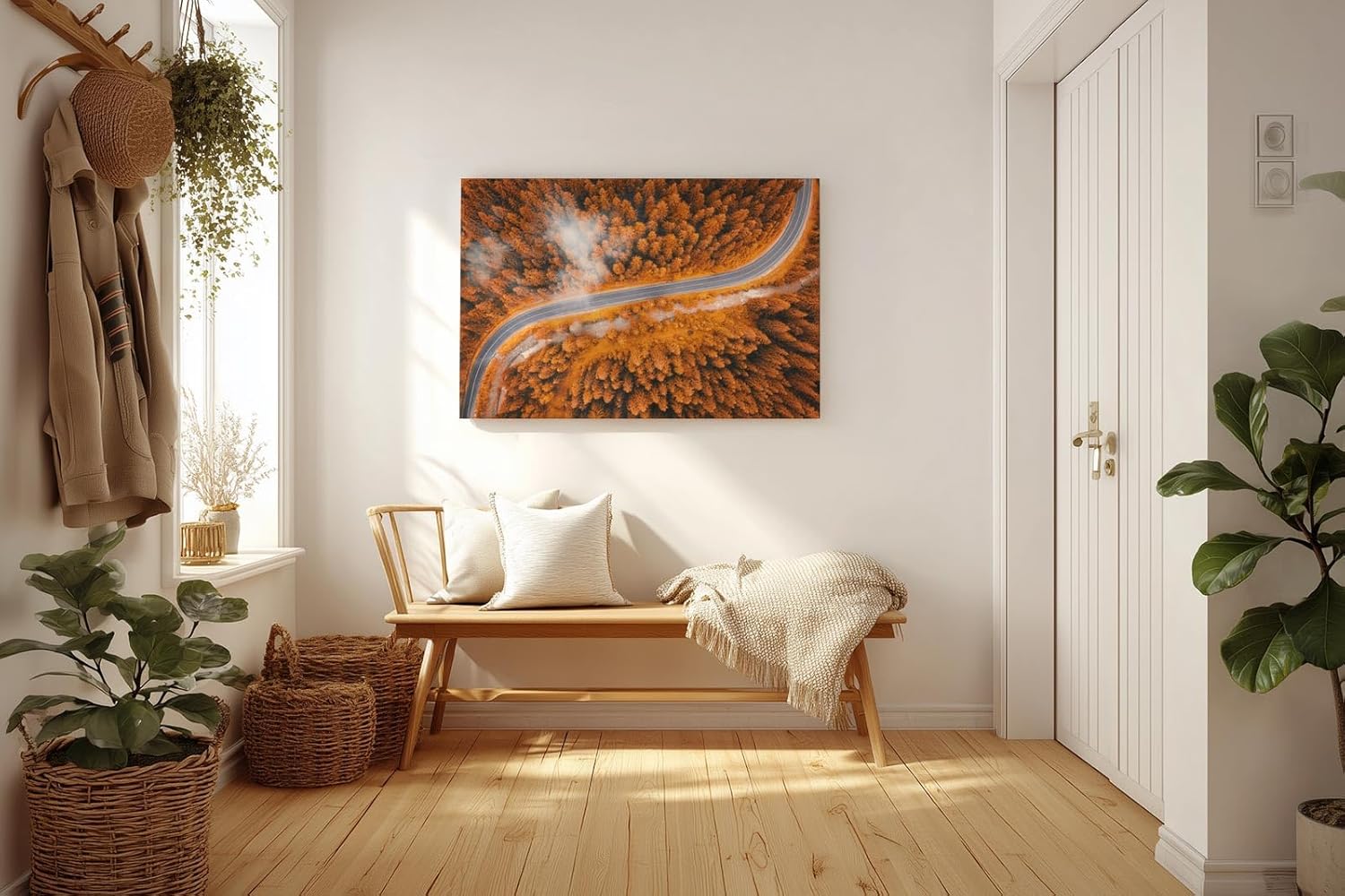 Sinus Art Wandbild 120x80cm Herbstlicher Mischwald mit elegant geschwungener Straße in Luftaufnahme