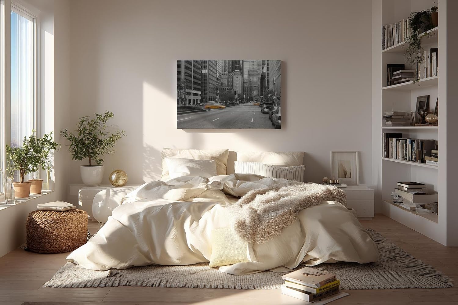 Sinus Art Wandbild 120x80cm Schwarz-Weiß-Straßenszene mit leuchtenden gelben Taxis – dynamisch, stilvoll und ikonisch