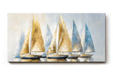Sinus Art Wandbild 120x80cm Dynamisches Motiv mit sieben Segelbooten in Blau und Goldtönen – stilvoll und maritim zugleich