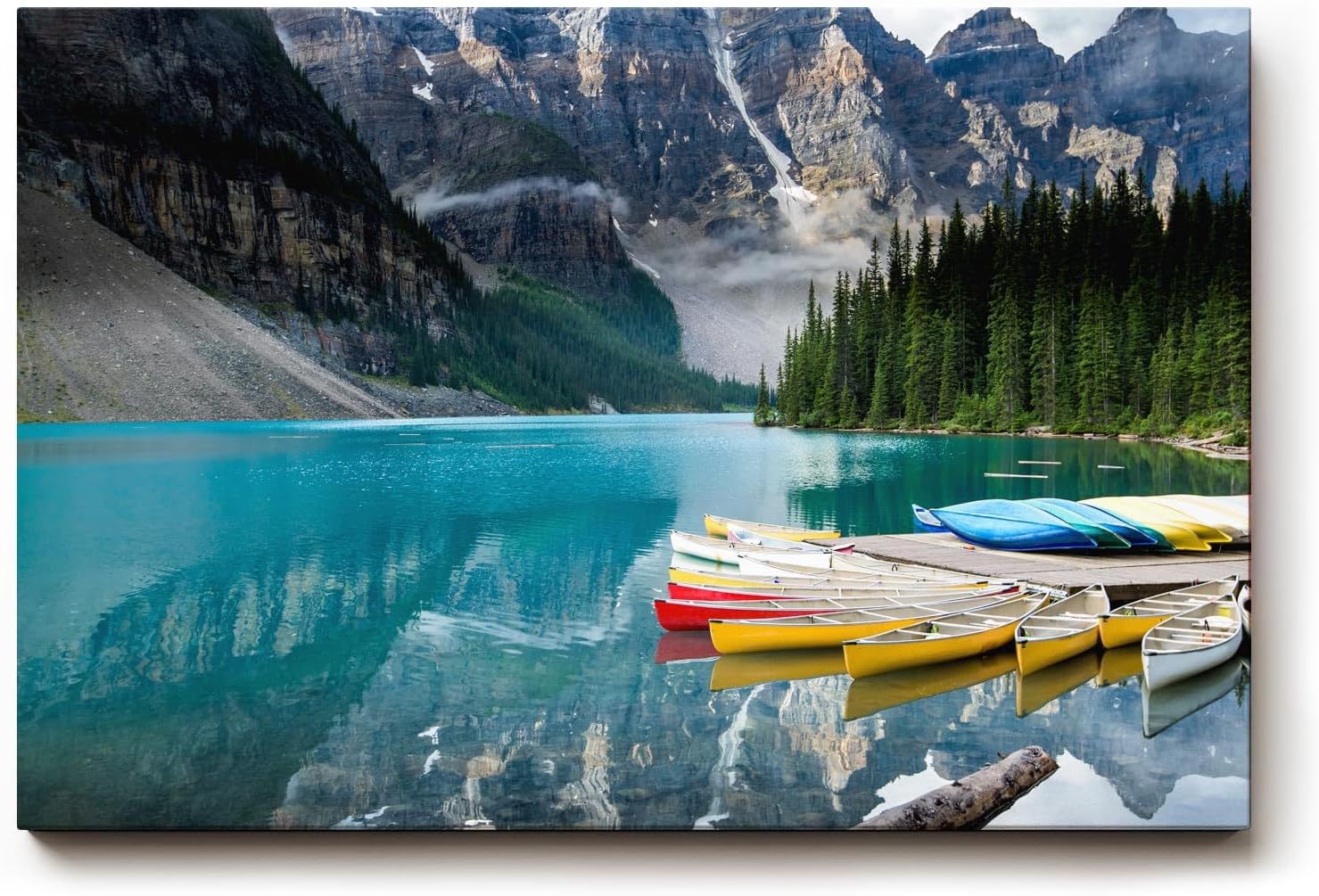 Sinus Art Wandbild 120x80cm Bergsee mit Kanus vor atemberaubender Bergkulisse für inspirierende Raumwirkung