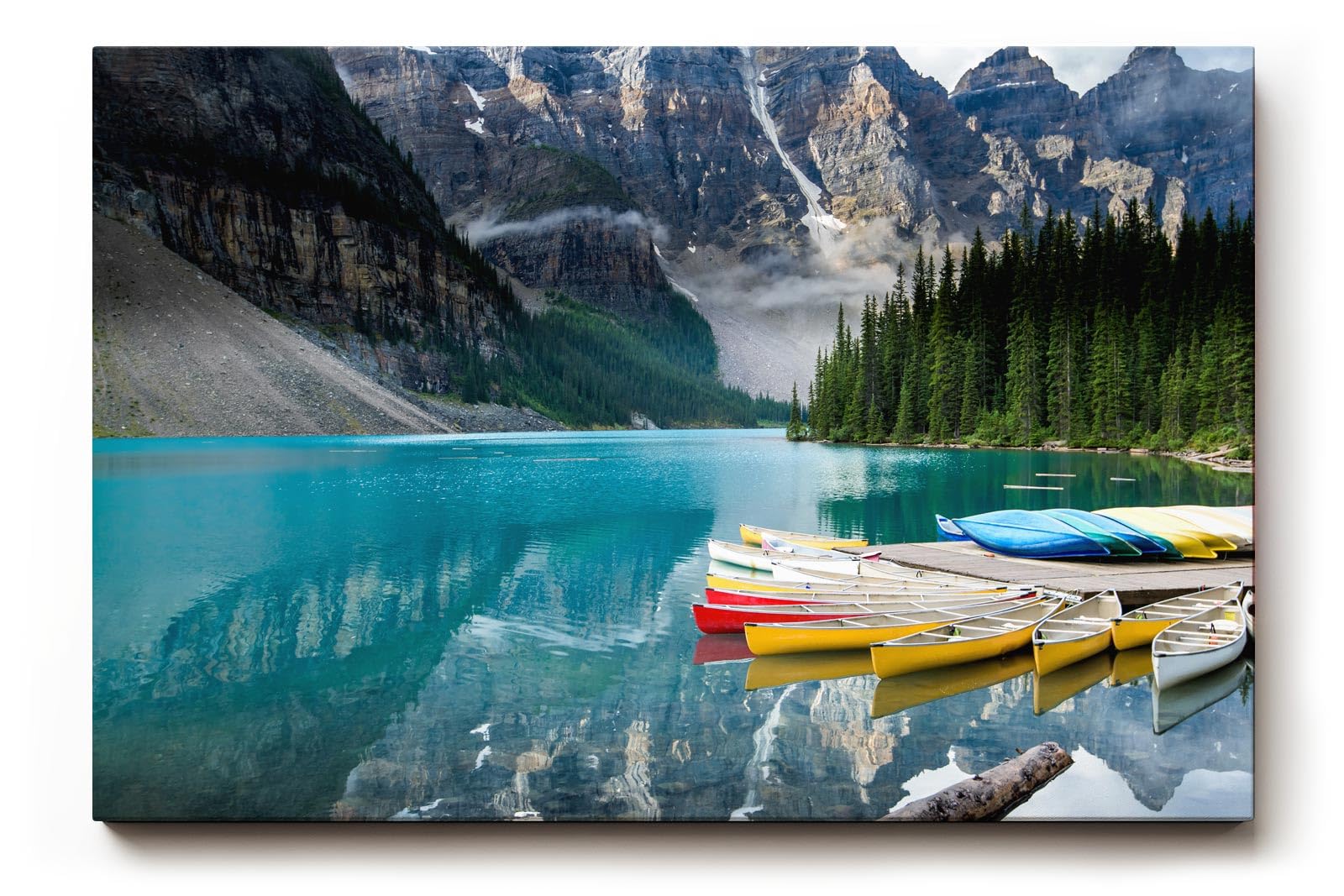 Sinus Art Wandbild 120x80cm Bergsee mit Kanus vor atemberaubender Bergkulisse für inspirierende Raumwirkung