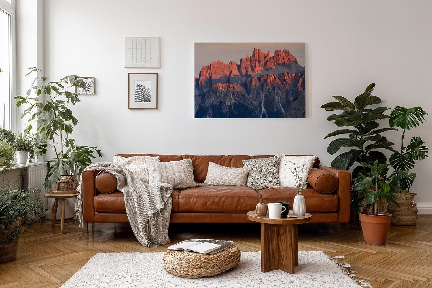 Sinus Art Wandbild 120x80cm Spektakuläre Felsformationen der Dolomiten im rötlichen Licht der untergehenden Sonne