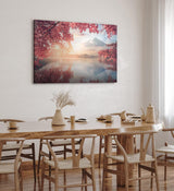 Paul Sinus Wandbild 120x80cm Japan Fuji Berg Baumkrone Herbstblätter Fischerboot