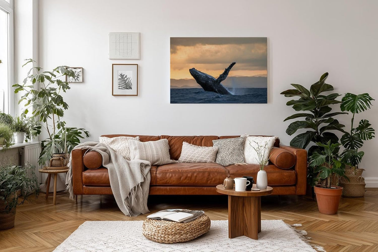 Sinus Art Wandbild 120x80cm Der Wal im Sprung vor dem Sonnenuntergang strahlt Kraft und Freiheit aus