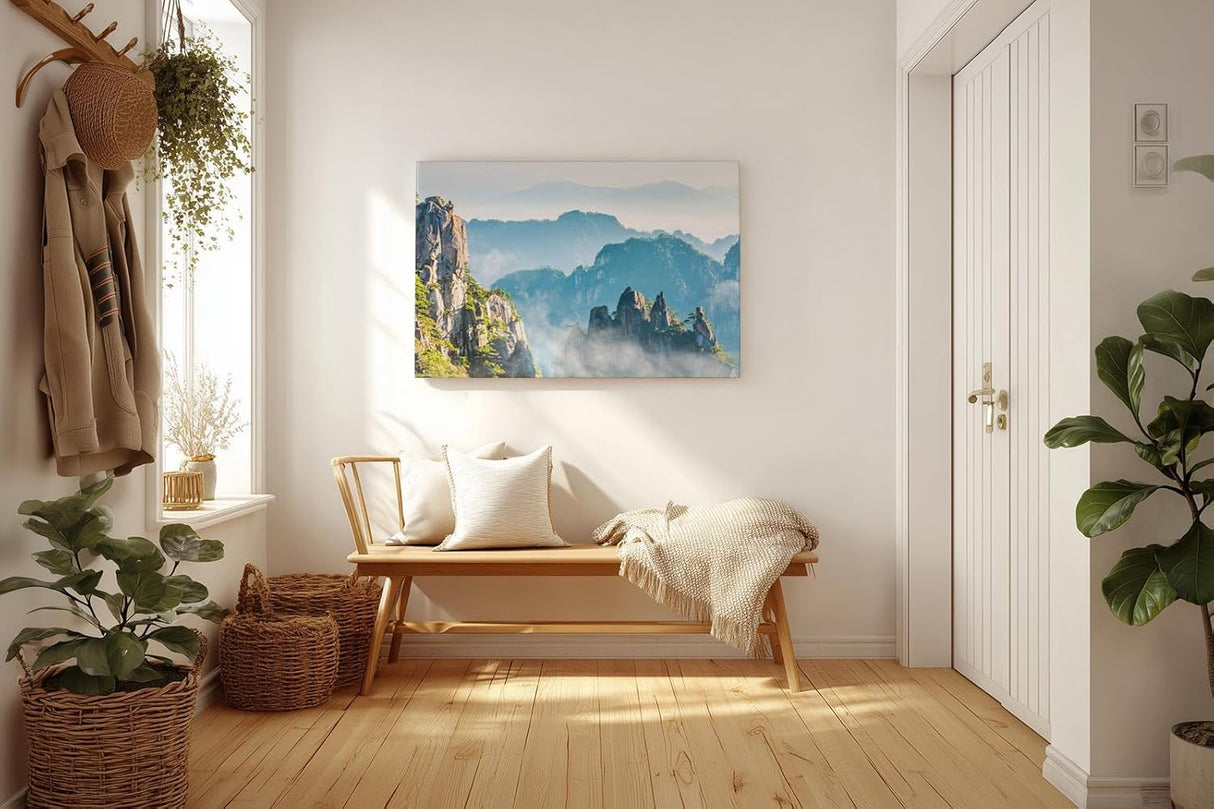 Sinus Art Wandbild 120x80cm Zerklüftete Bergformationen im Nebelmeer für eine ruhige und geheimnisvolle Raumwirkung