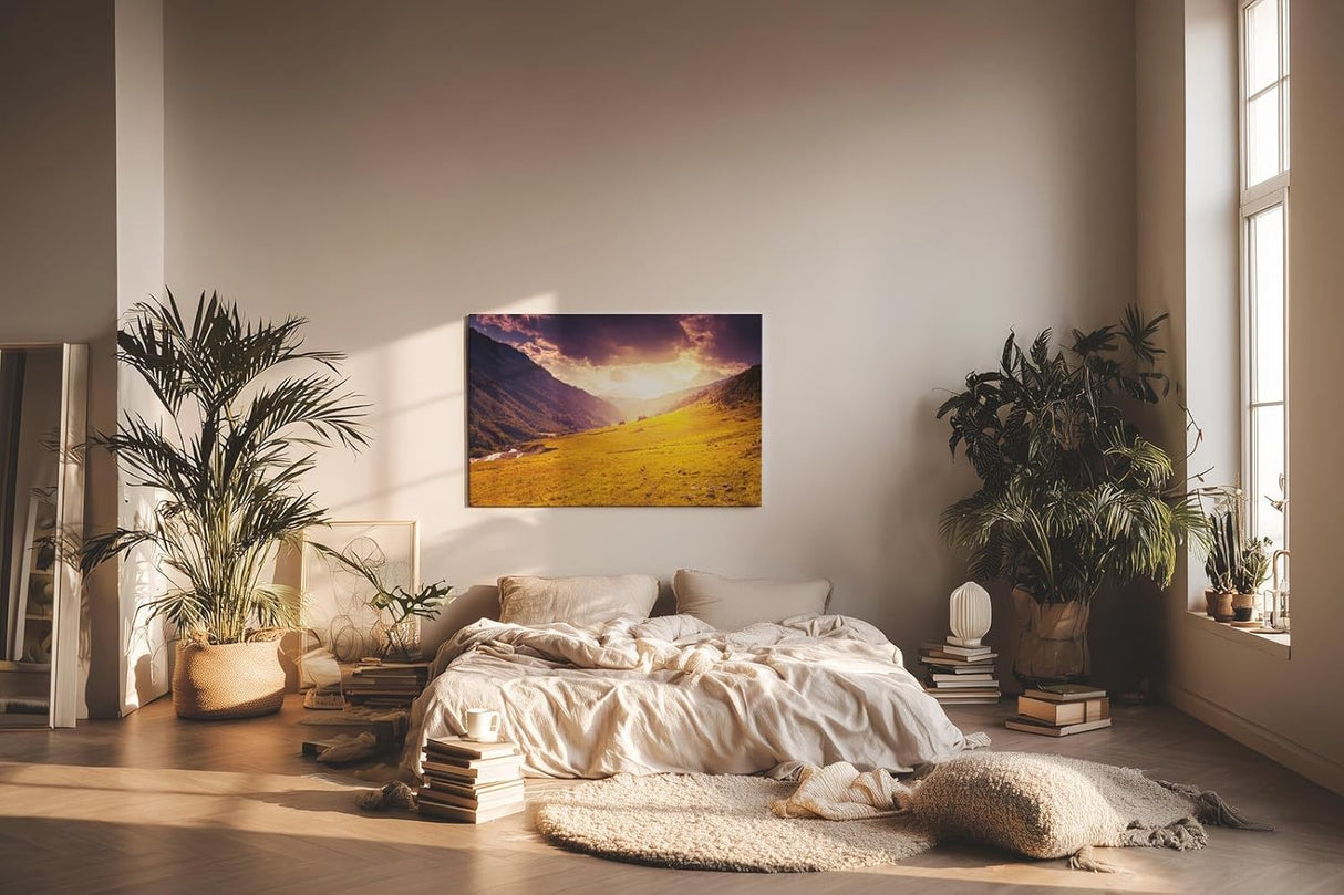 Sinus Art Wandbild 120x80cm Sonnenuntergang taucht Bergwiese in goldenes Licht mit dramatischem Himmel
