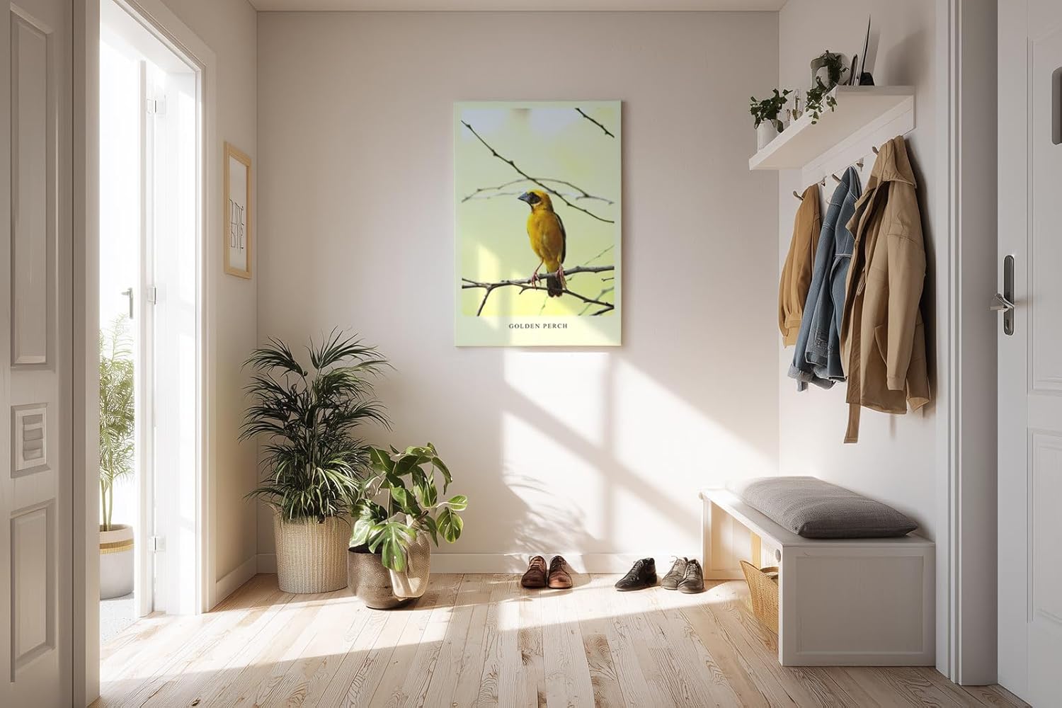 Paul Sinus Kunstdruck 40x60cm Golden Perch mit gelbem Singvogel auf Ast vor hellem Hintergrund