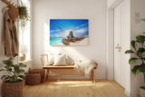 Sinus Art Wandbild 120x80cm Tropischer Küstenblick mit traditioneller Bootskulisse und türkisblauem Wasser