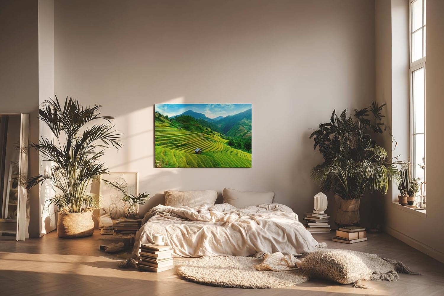 Sinus Art Wandbild 120x80cm Gestufte Reisterrassen in leuchtendem Grün vor Bergkulisse und weitem Himmel