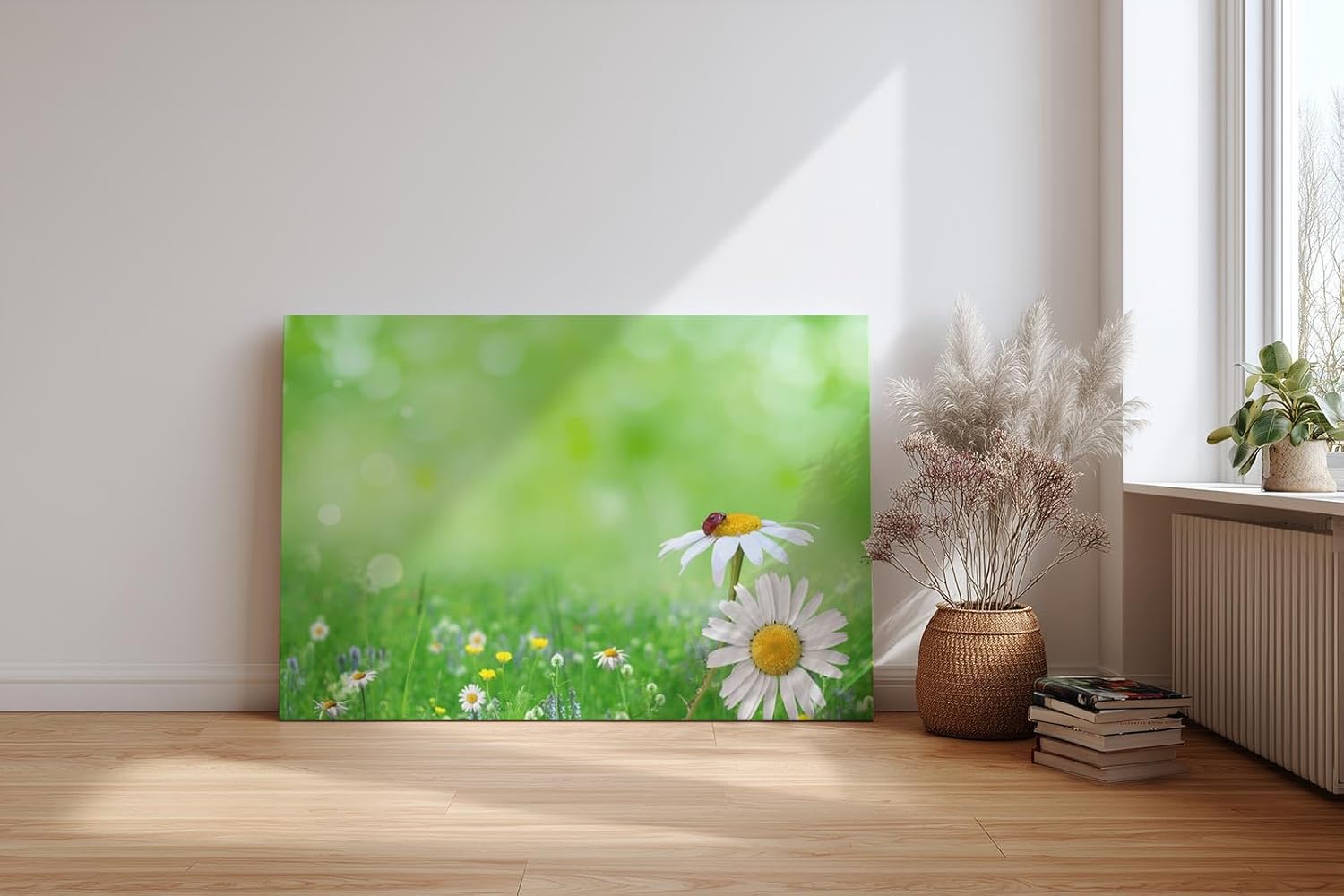Sinus Art Wandbild 120x80cm Nahaufnahme mit Gänseblümchen und Marienkäfer auf unscharfem Frühlingshintergrund