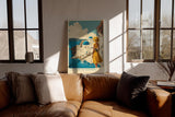 Paul Sinus Wandbild in 40x60cm A Summer in Santorini – Frau im gelben Kleid vor weiß-blauen Kuppeln und Meerblick, mediterranes Urlaubsflair