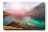 Sinus Art Wandbild 120x80cm Faszinierende Felslandschaft mit türkisfarbenem Wasser und warmem Lichtspiel