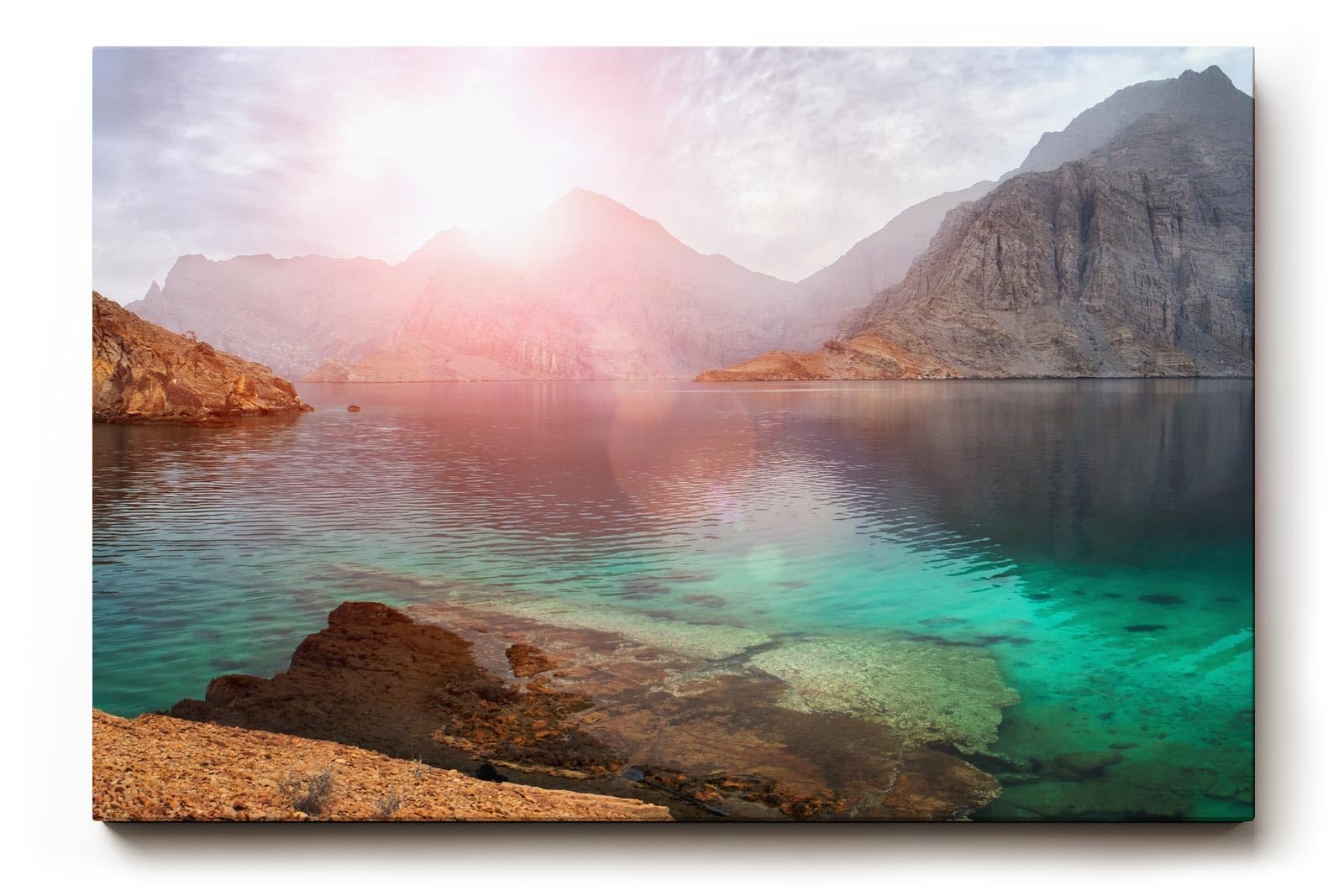 Sinus Art Wandbild 120x80cm Faszinierende Felslandschaft mit türkisfarbenem Wasser und warmem Lichtspiel