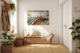Sinus Art Wandbild 120x80cm Atmosphärisches Meermotiv mit Perspektive vom Holzdeck eines Segelboots bei Sonnenuntergang