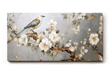 Sinus Art Wandbild 120x80cm Anmutiger Vogel auf einem Ast mit weißen Blüten vor harmonischem Hintergrund – ruhig und ausdrucksstark