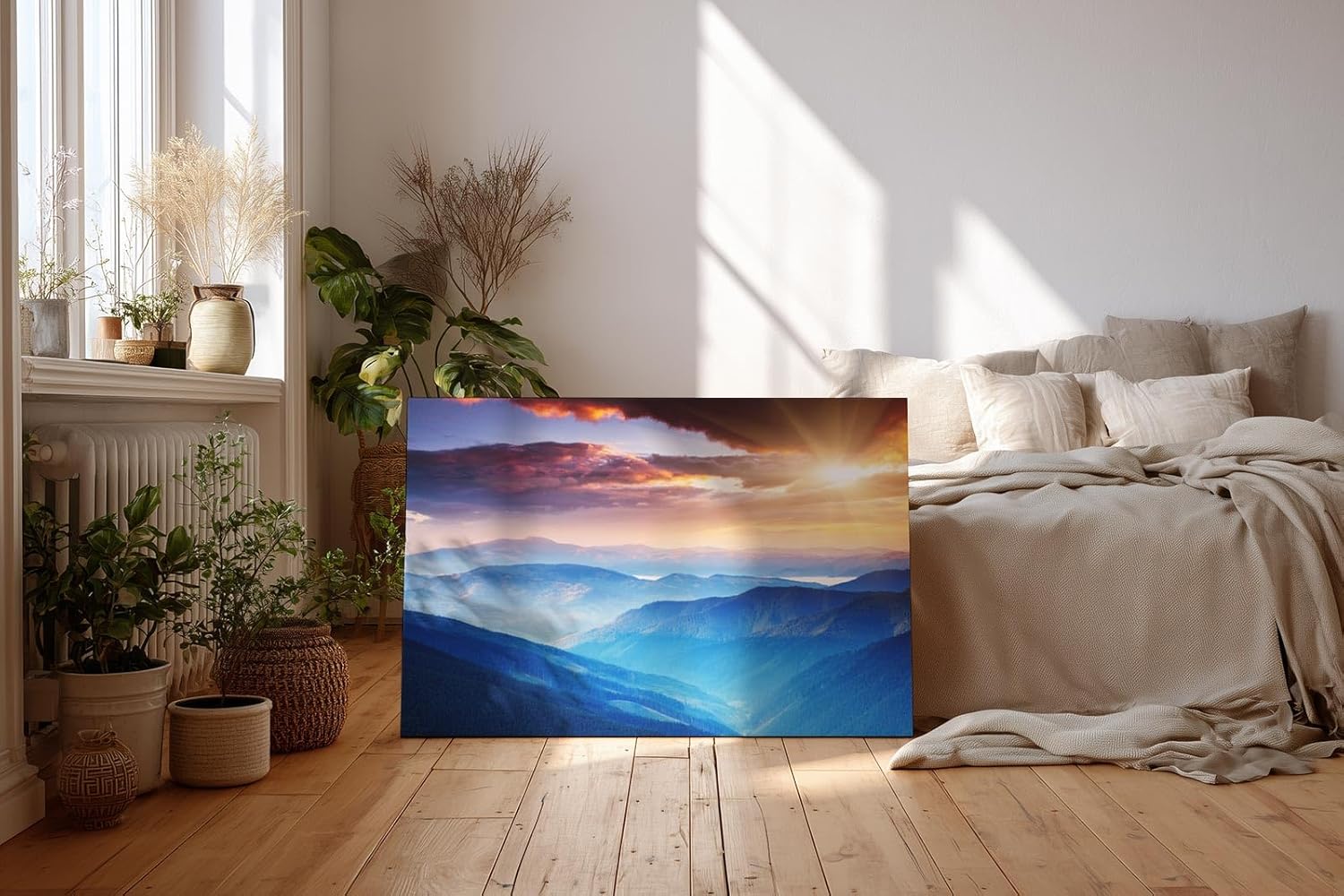 Sinus Art Wandbild 120x80cm Faszinierende Berglandschaft in verschiedenen Blauabstufungen mit goldener Sonne