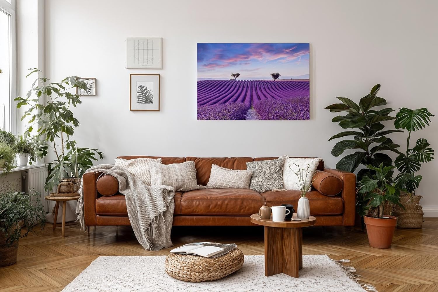 Sinus Art Wandbild 120x80cm Perfekt ausgerichtete Lavendelreihen unter farbigem Himmel für meditative Raumwirkung