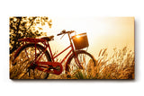 Sinus Art Wandbild 120x80cm Rotes Fahrrad im goldenen Gegenlicht einer Sommerwiese mit romantischem Flair