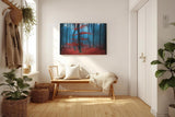 Sinus Art Wandbild 120x80cm Roter Baum vor blauem Nebel – geheimnisvoll, künstlerisch und emotional wirkungsvoll