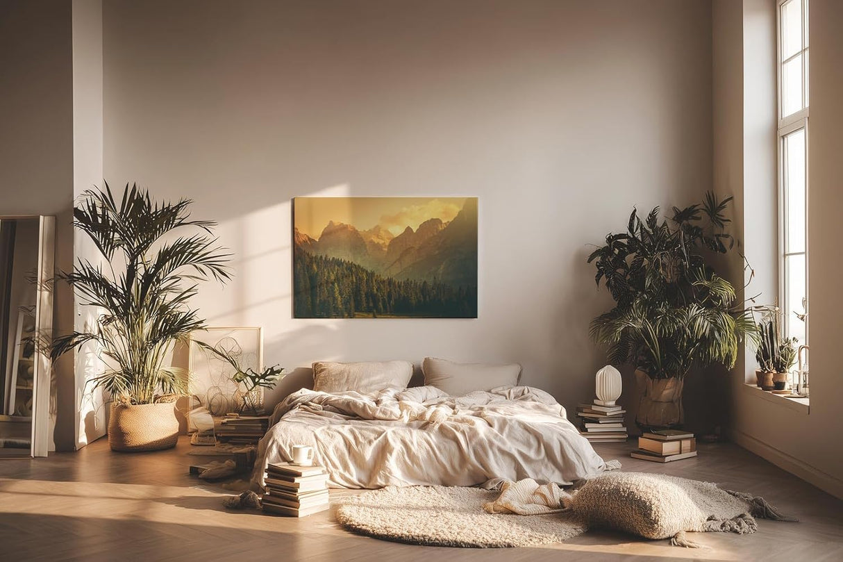 Sinus Art Wandbild 120x80cm Goldenes Abendlicht taucht die Berge und Wälder in sanfte, beruhigende Töne