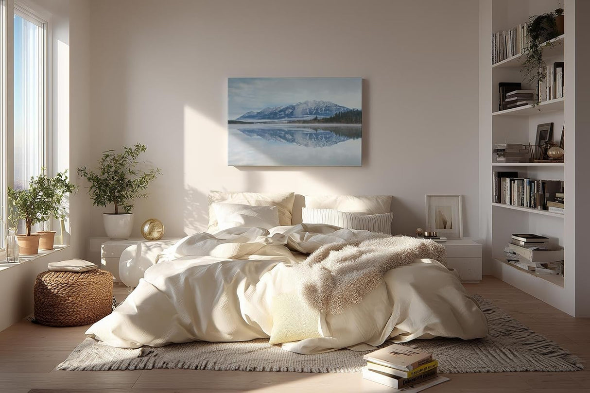 Sinus Art Wandbild 120x80cm Ruhige Alpenlandschaft mit schneebedeckten Bergen und klarer Wasserfläche