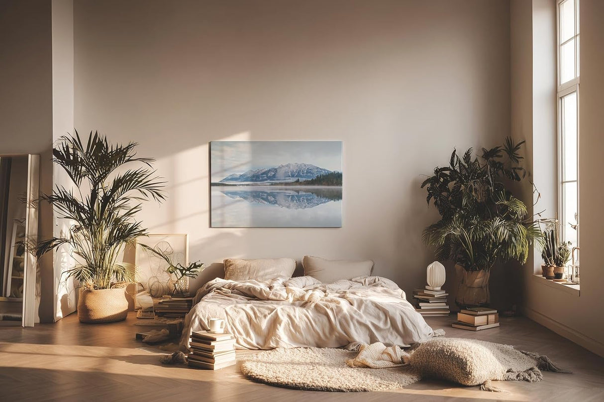 Sinus Art Wandbild 120x80cm Ruhige Alpenlandschaft mit schneebedeckten Bergen und klarer Wasserfläche