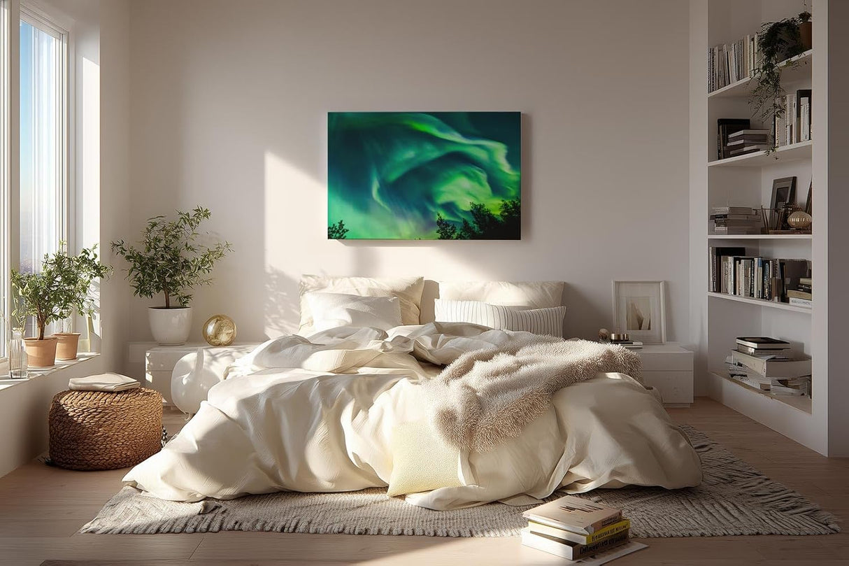 Sinus Art Wandbild 120x80cm Atemberaubende Aurora Borealis mit dynamischem Farbspiel über Silhouetten dunkler Bäume