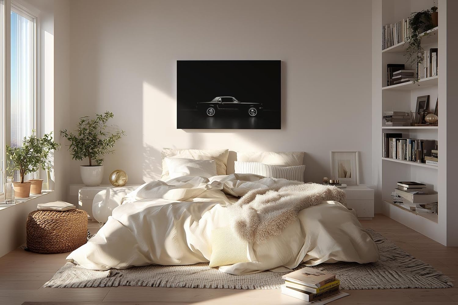 Sinus Art Wandbild 120x80cm Eleganter Oldtimer im minimalistischen Lichtspiel – Symbol für Zeitlosigkeit und Stil
