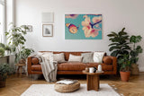 Sinus Art Wandbild 120x80cm Frühlingshaftes Motiv mit Schmetterling an rosa Blüte auf hellblauem Hintergrund