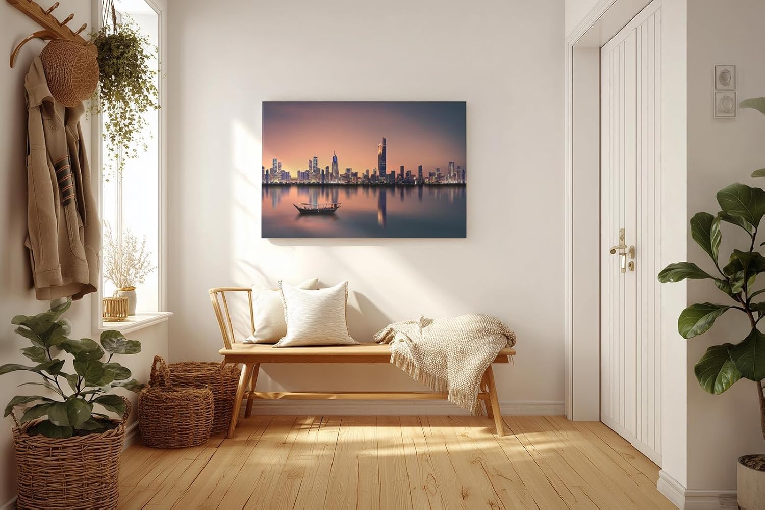 Sinus Art Wandbild 120x80cm Städtische Skyline in der Dämmerung mit reflektierendem Wasser und ruhigem Boot – kontrastreich und elegant