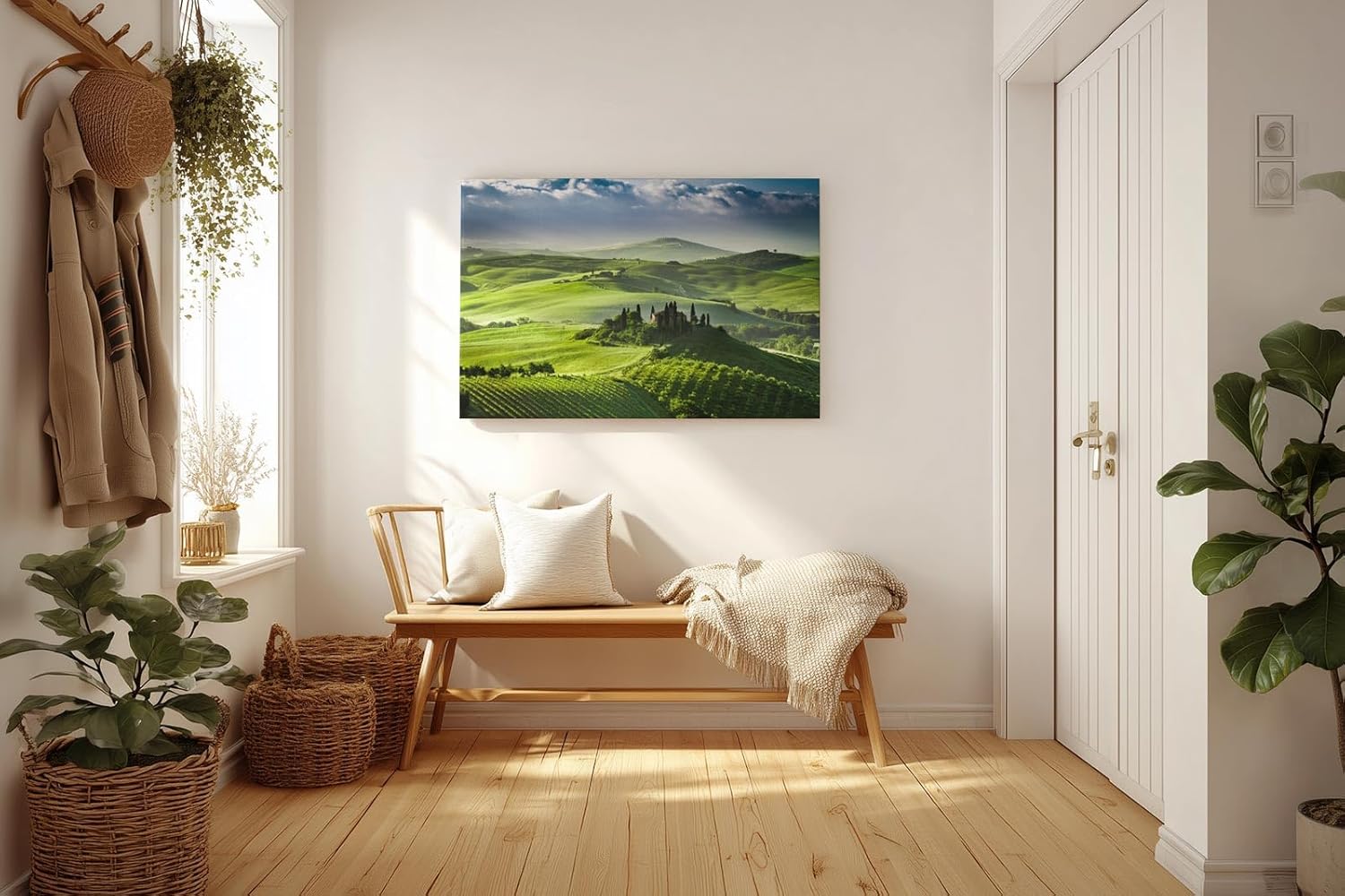 Sinus Art Wandbild 120x80cm Leuchtend grüne Weinberge und Hügel mit typischen Zypressen und Villa