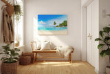 Sinus Art Wandbild 120x80cm Tropische Insel mit Palmen und weißem Sandstrand für entspannende Raumwirkung