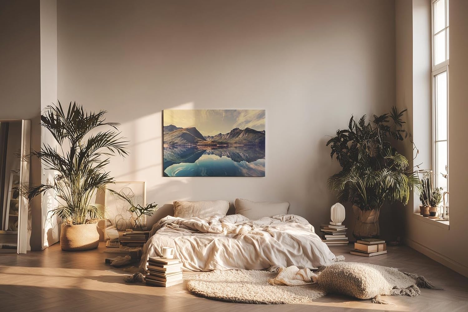 Sinus Art Wandbild 120x80cm Berge und Himmel spiegeln sich perfekt in einem ruhigen klaren See vor beeindruckender Kulisse