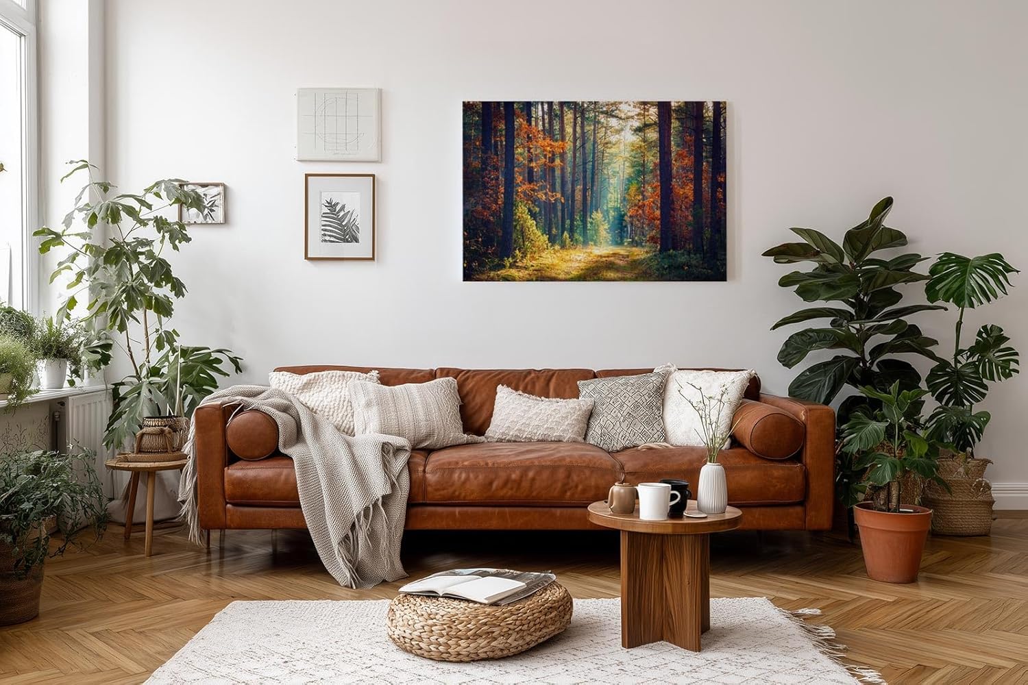 Sinus Art Wandbild 120x80cm Waldweg durch herbstlich gefärbten Wald mit Lichtspiel für gemütliche Raumwirkung