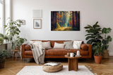 Sinus Art Wandbild 120x80cm Waldweg durch herbstlich gefärbten Wald mit Lichtspiel für gemütliche Raumwirkung