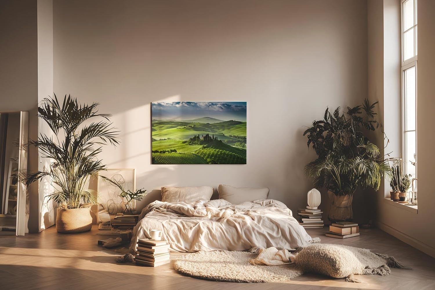 Sinus Art Wandbild 120x80cm Leuchtend grüne Weinberge und Hügel mit typischen Zypressen und Villa