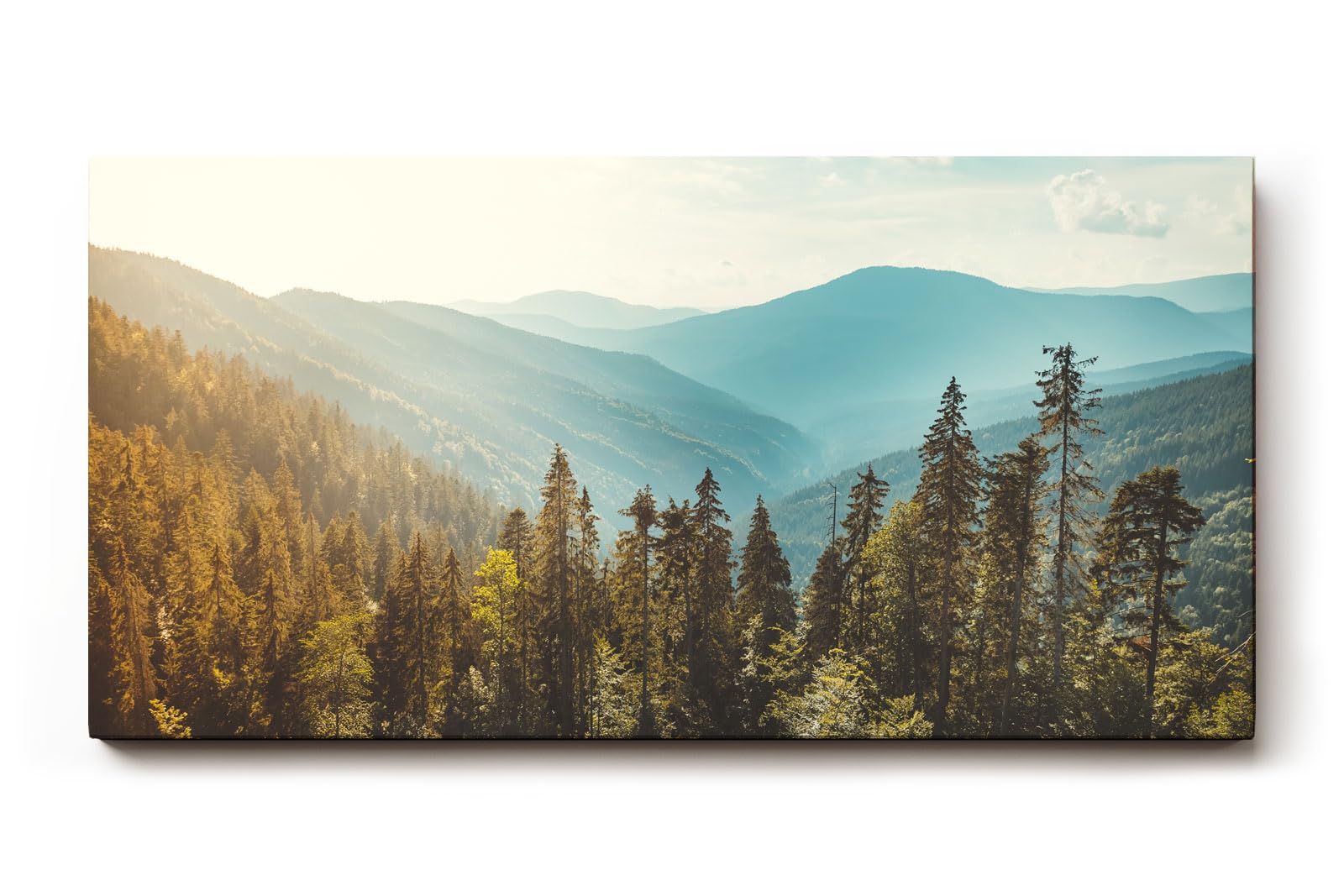 Sinus Art Wandbild 120x80cm Weiche Hügelketten mit bewaldeten Flanken im Sonnenlicht für ruhige Raumatmosphäre