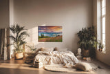 Sinus Art Wandbild 120x80cm Farbige Bergwiese mit Nebelschwaden und dramatischem Himmel für emotionale Raumwirkung